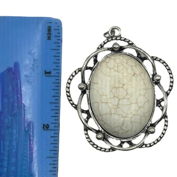 Oval White Howlite Turquoise Pendant With Silver-Tone Rope & Filigree Frame - Picture 6 of 6
